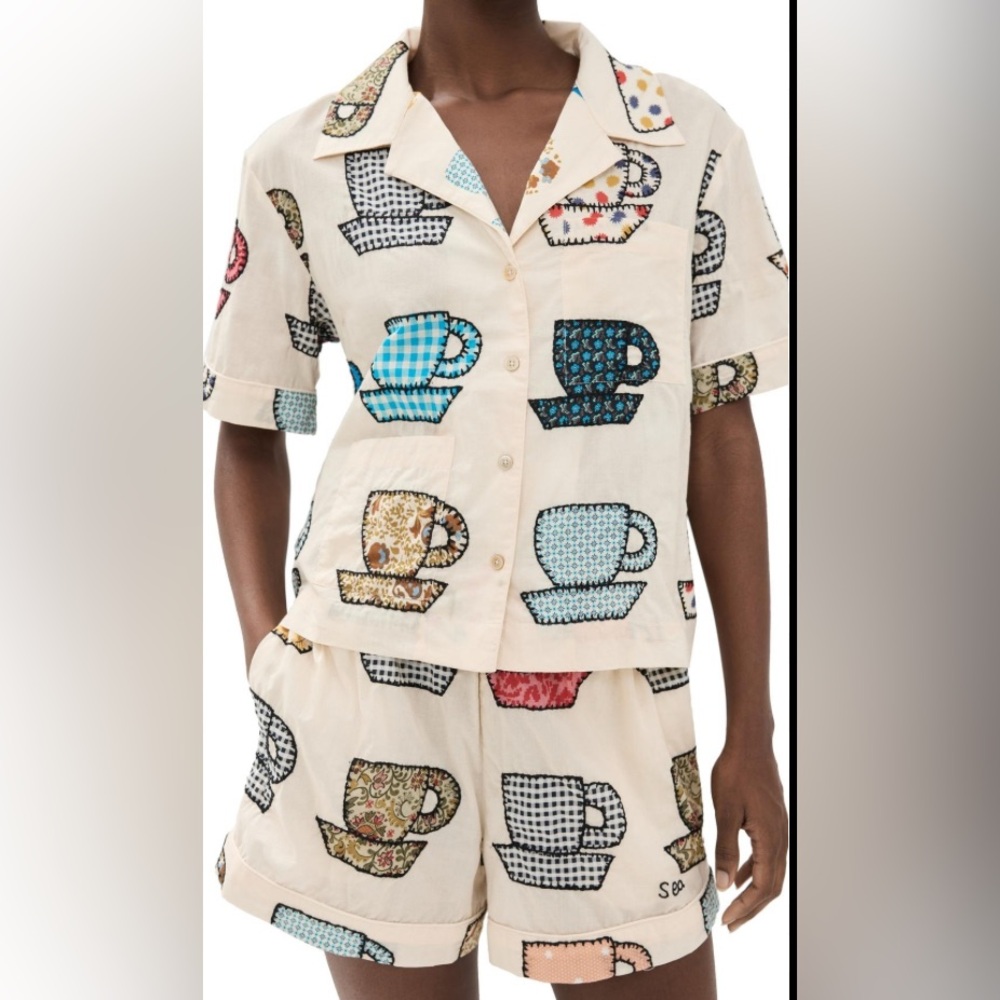 New Tea Cup Pajama Set. Colorful Print 22.5 PTP 16”waist rested 22” stretched - Picture 2 of 2